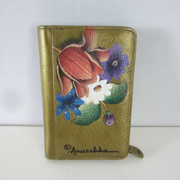 NEW Anuschka Hand Painted Floral Bi-Fold Leather Gold Red Blue Yellow Zip Around - Picture 1 of 14